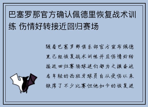 巴塞罗那官方确认佩德里恢复战术训练 伤情好转接近回归赛场 巴塞罗那官方确认佩德里恢复战术训练 伤情好转接近回归赛场